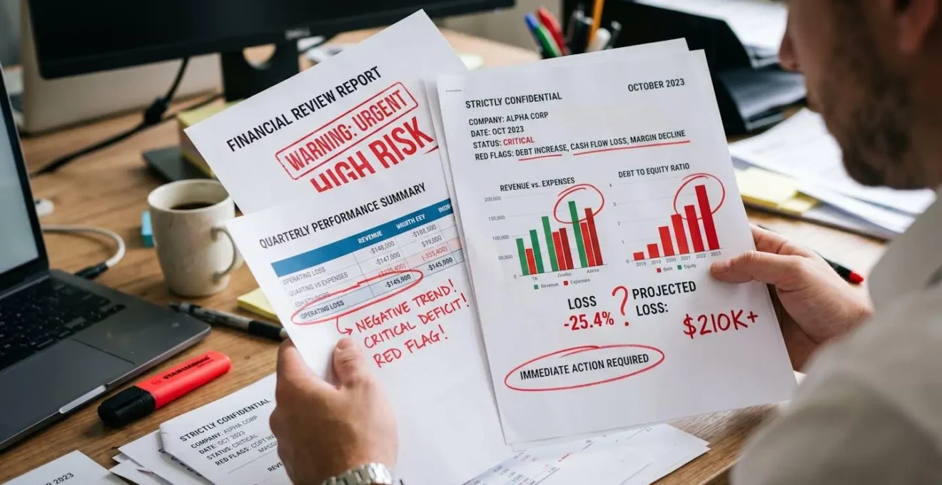 Gros plan sur des documents financiers montrant des signaux d'alerte