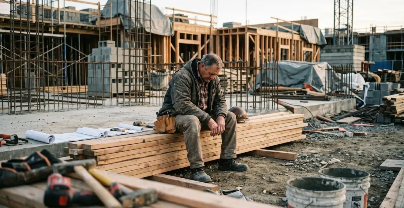 Artisan du bâtiment assis sur un chantier inachevé, tête baissée dans une posture de réflexion