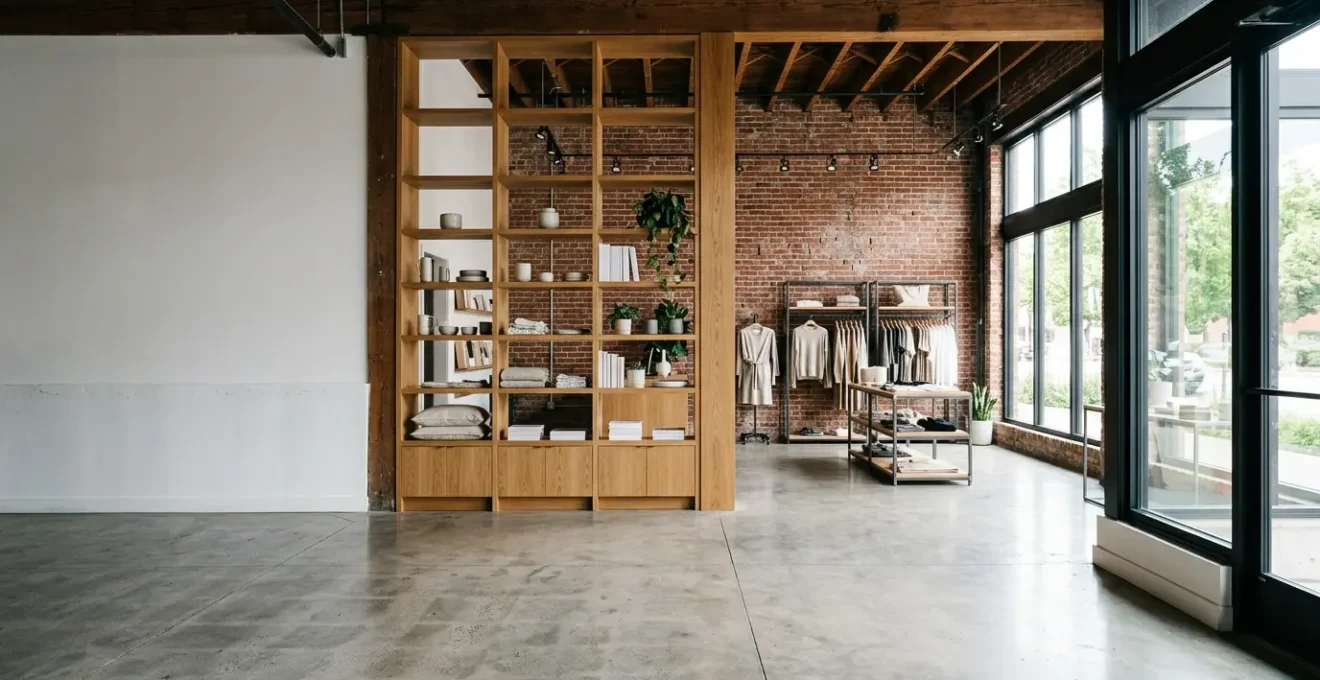 Espace commercial moderne avec aménagements intérieurs montrant la distinction entre structure et équipements du locataire