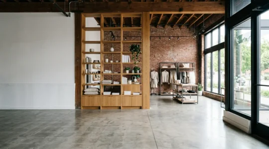 Espace commercial moderne avec aménagements intérieurs montrant la distinction entre structure et équipements du locataire