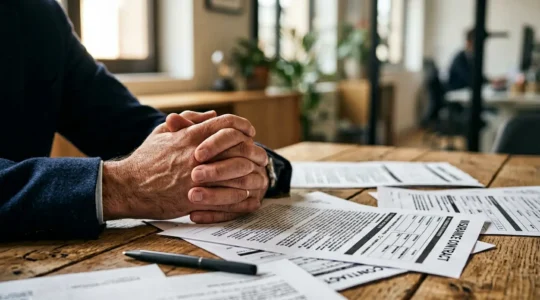 Dirigeant d'entreprise face à des documents juridiques et administratifs sur un bureau