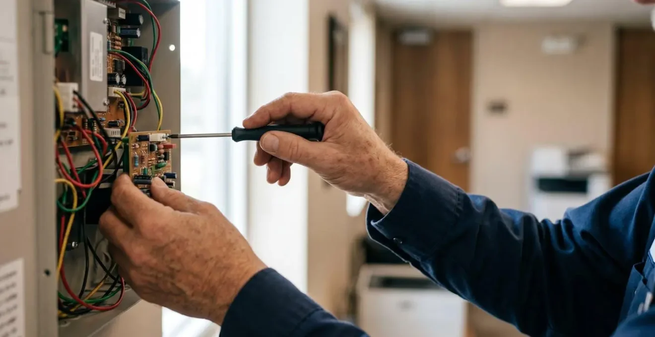 Main d'un technicien certifié effectuant la maintenance d'un système d'alarme professionnel