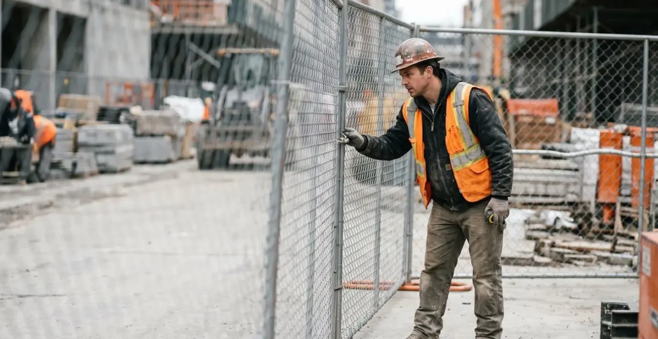 Chantier de rénovation avec barrières de sécurité orange et équipements de protection installés
