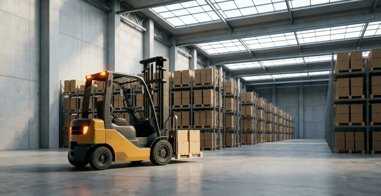 Chariot élévateur en activité dans un entrepôt moderne illustrant les risques couverts par l'assurance obligatoire