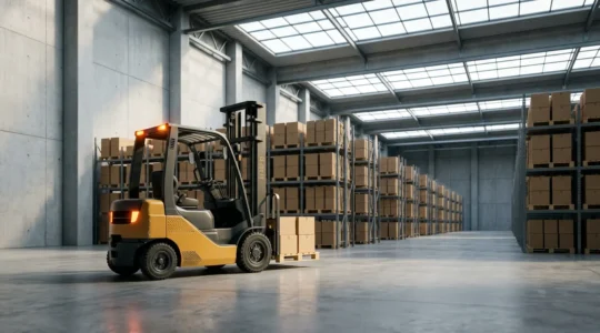 Chariot élévateur en activité dans un entrepôt moderne illustrant les risques couverts par l'assurance obligatoire