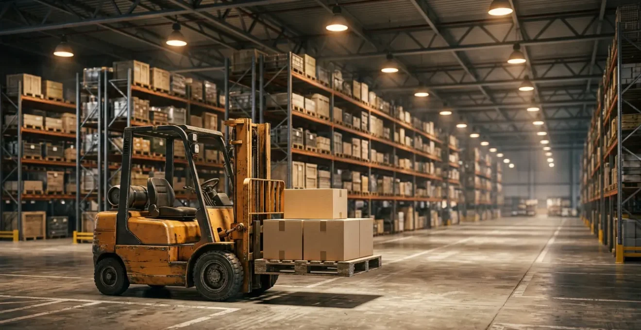 Chariot élévateur Fenwick dans un entrepôt de stockage illustrant l'obligation d'assurance automobile