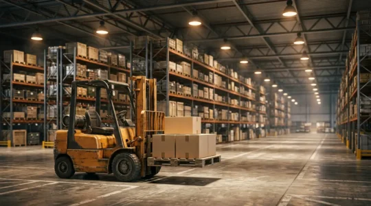 Chariot élévateur Fenwick dans un entrepôt de stockage illustrant l'obligation d'assurance automobile