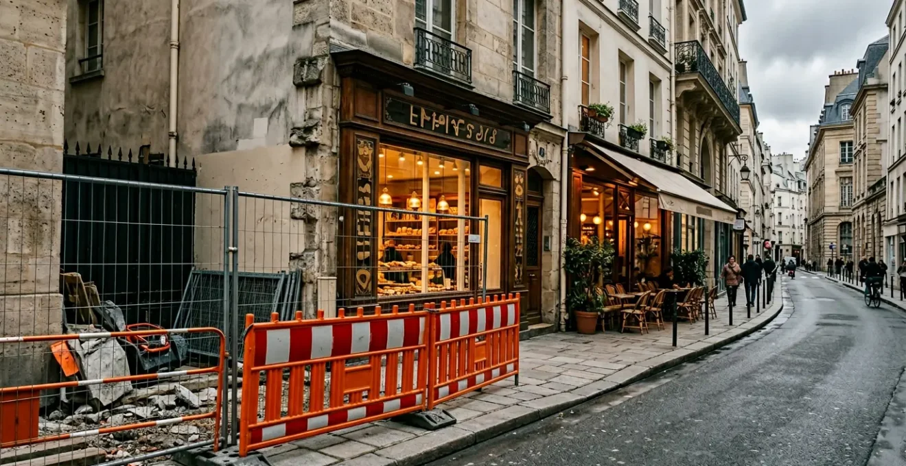 Commerce de proximité avec devanture partiellement occultée par des barrières de chantier, symbolisant l'impact des travaux publics sur l'activité commerciale