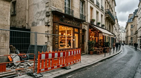 Commerce de proximité avec devanture partiellement occultée par des barrières de chantier, symbolisant l'impact des travaux publics sur l'activité commerciale