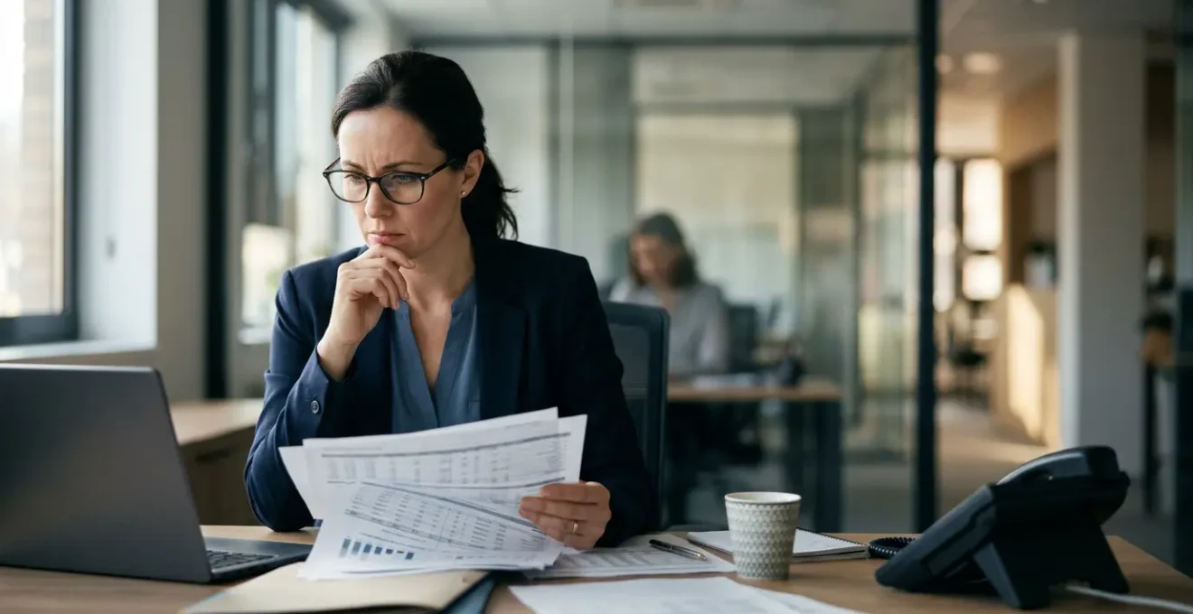 Professionnel analysant des documents financiers dans un environnement de bureau moderne illustrant la gestion de crise suite a une fraude