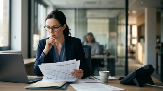 Professionnel analysant des documents financiers dans un environnement de bureau moderne illustrant la gestion de crise suite a une fraude