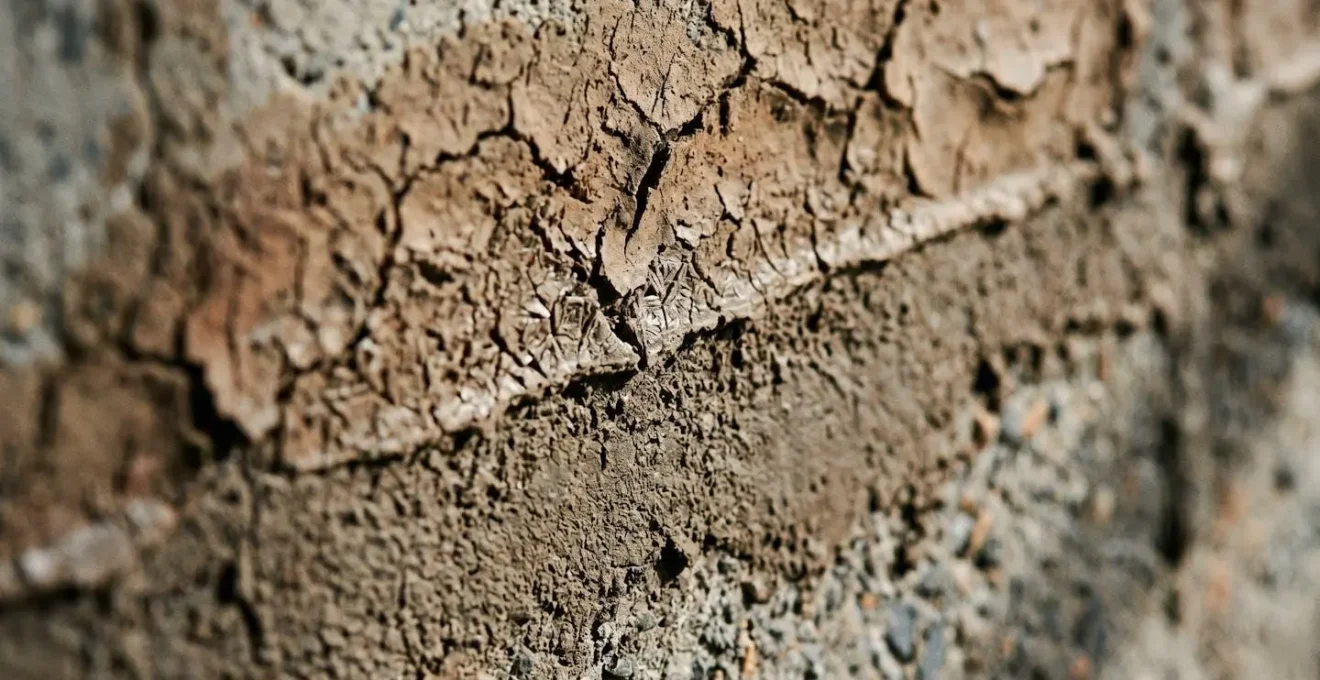 Gros plan sur des traces de boue séchée sur un mur, montrant la hauteur et la texture des dégâts