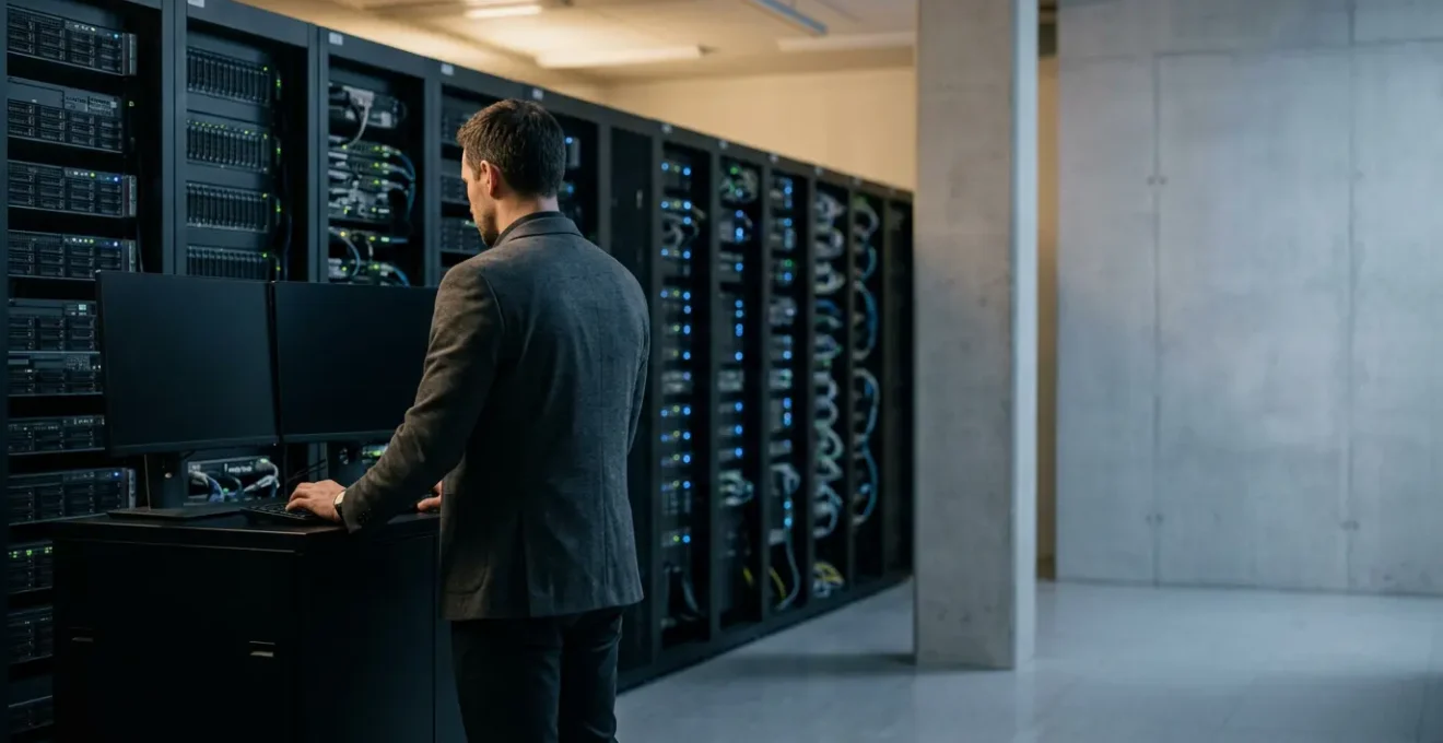 Expert en cybersécurité analysant des serveurs informatiques dans une salle de contrôle moderne lors d'une intervention de crise cyber