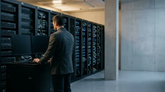 Expert en cybersécurité analysant des serveurs informatiques dans une salle de contrôle moderne lors d'une intervention de crise cyber