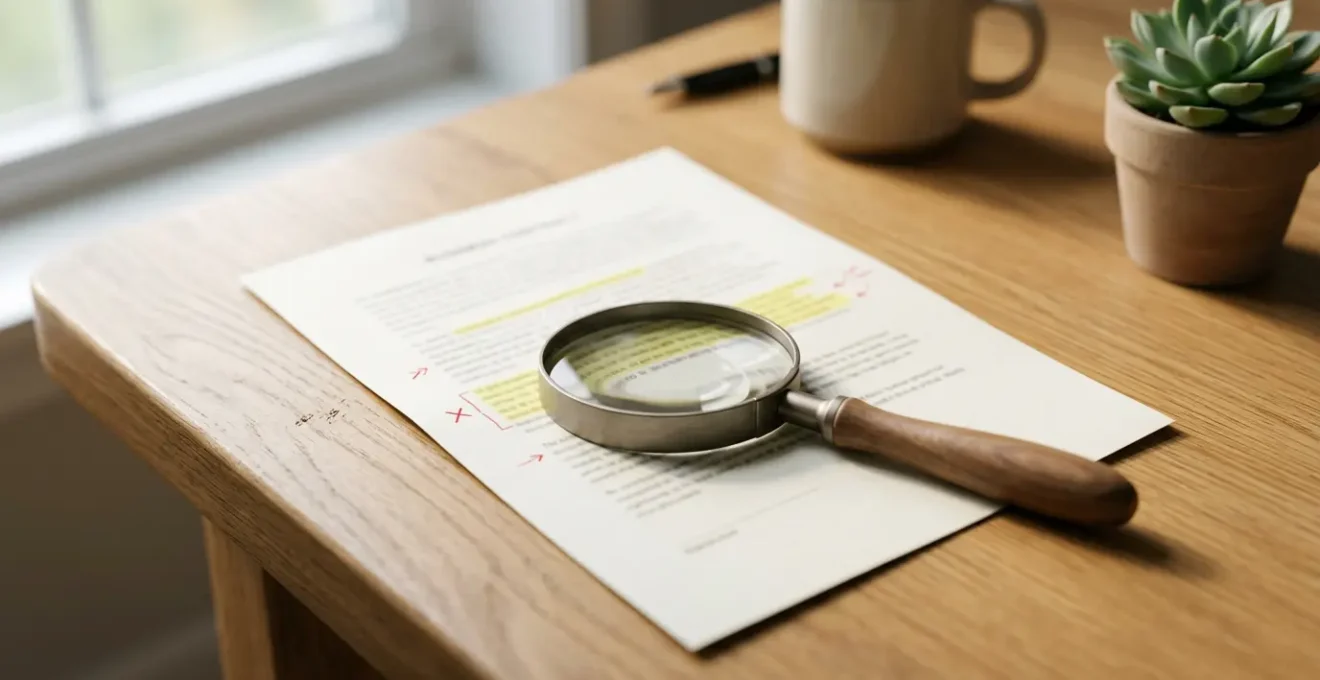 Professionnel examinant attentivement un document contractuel avec loupe et annotations sur les clauses d'exclusion