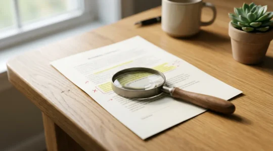 Professionnel examinant attentivement un document contractuel avec loupe et annotations sur les clauses d'exclusion