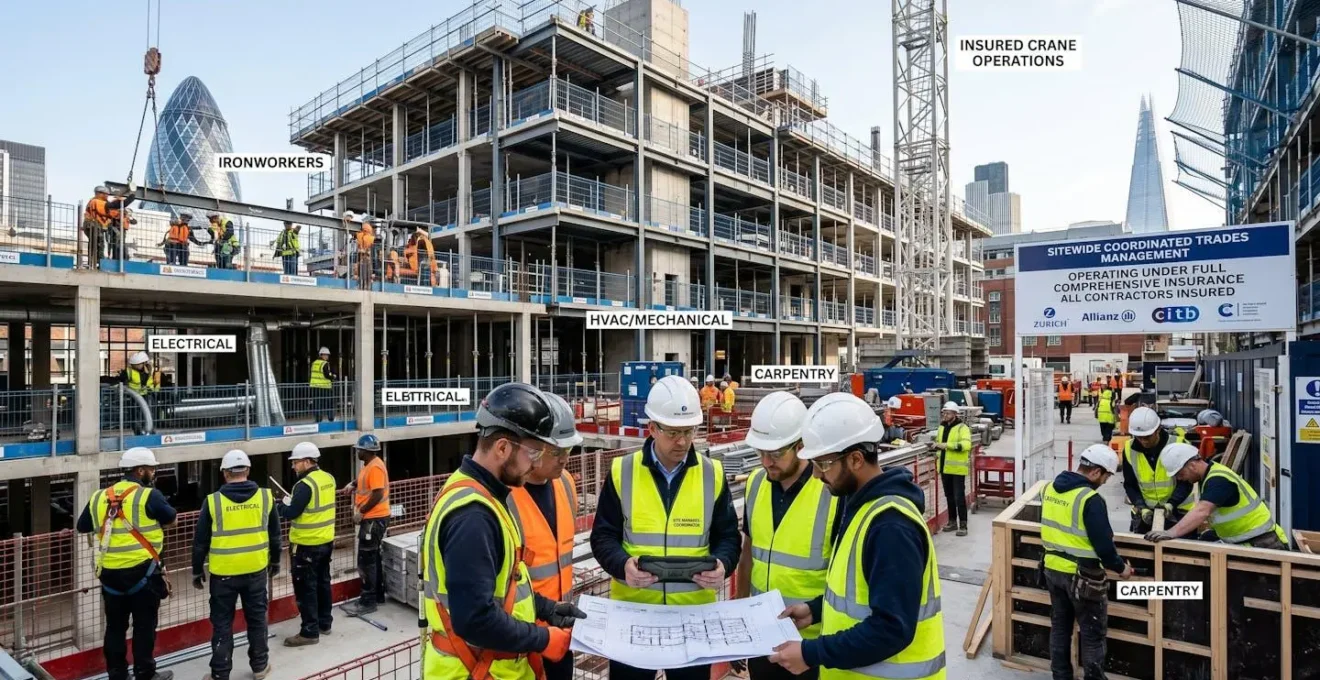 Gestion coordonnée de multiples corps de métiers sur un chantier de construction protégé par assurance