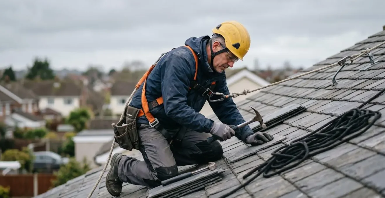 Couvreur professionnel équipé de harnais de sécurité travaillant sur une toiture en pente avec ciel nuageux en arrière-plan