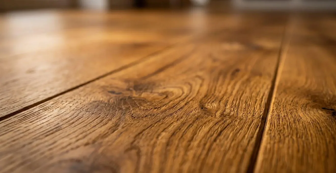 Détail macro d'un parquet en bois noble montrant les textures et la qualité des matériaux dans un espace commercial
