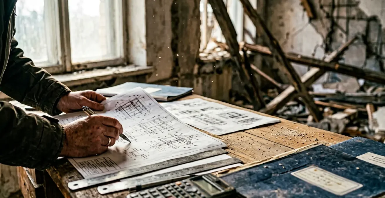 Scène représentant une expertise après sinistre avec documentation technique et évaluation des dommages