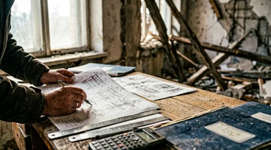 Scène représentant une expertise après sinistre avec documentation technique et évaluation des dommages
