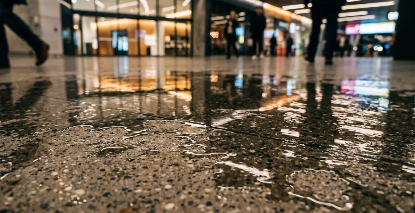 Gros plan sur une surface de sol commercial avec reflets d'eau, détails de texture et matière