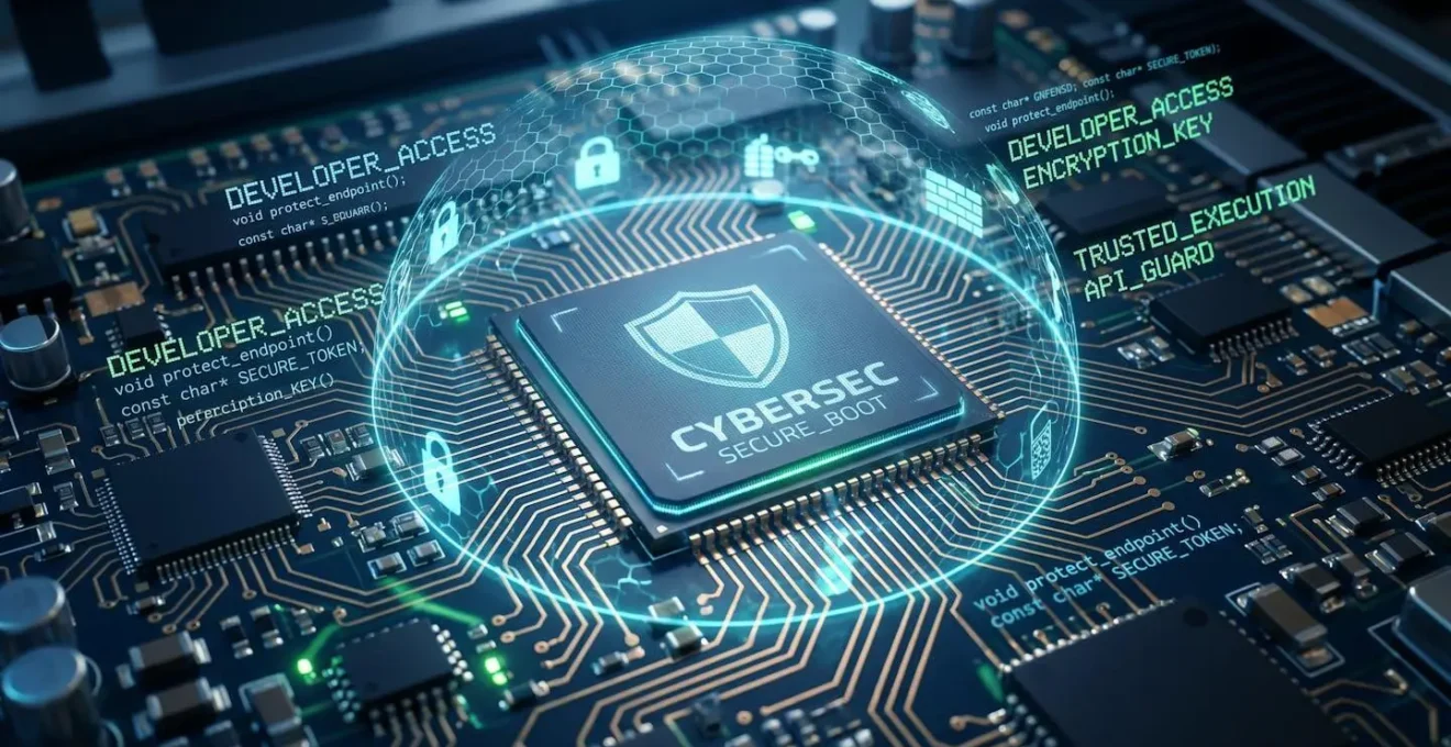 Vue macro d'une puce électronique et de circuits imprimés évoquant la protection numérique et la cybersécurité pour développeurs