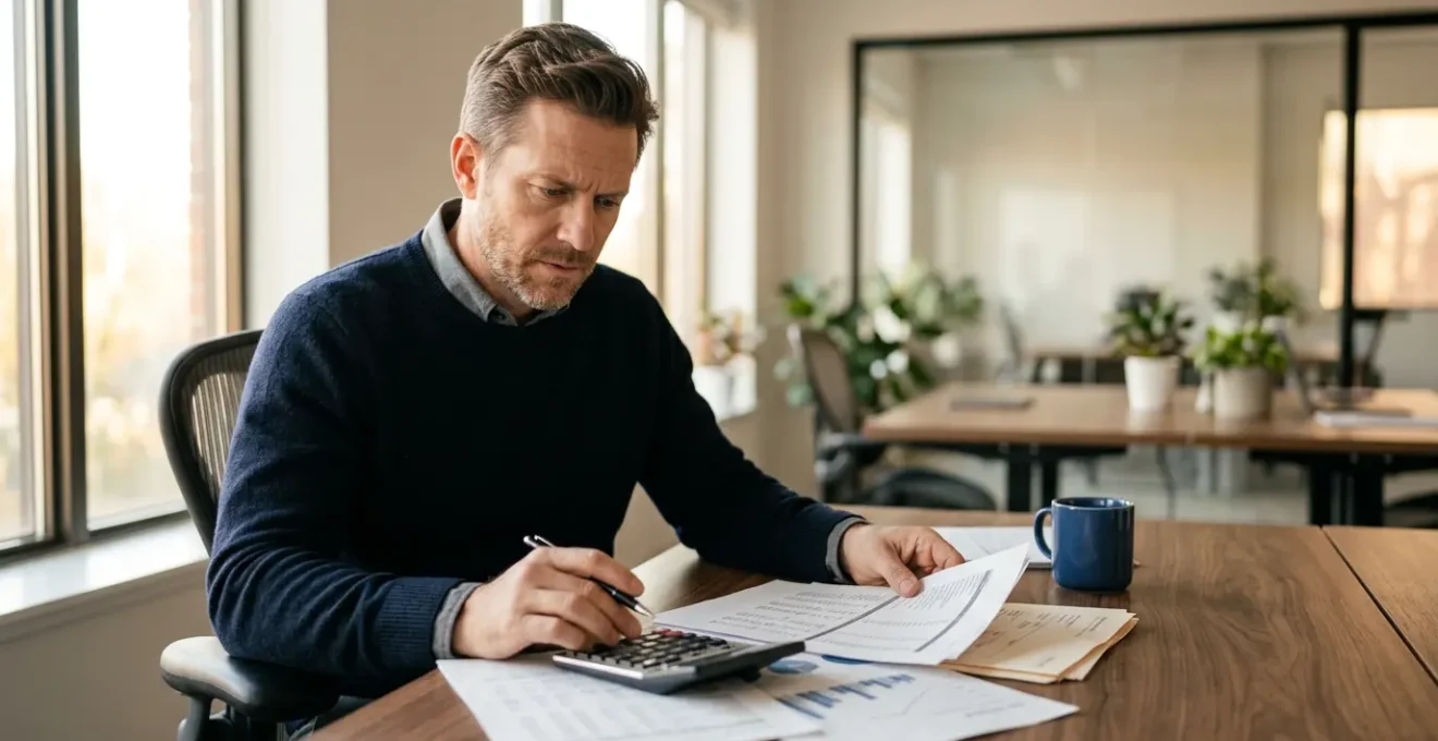 Dirigeant d'entreprise analysant des documents financiers pour calculer l'indemnisation après un arrêt d'activité