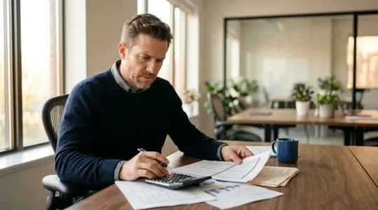 Dirigeant d'entreprise analysant des documents financiers pour calculer l'indemnisation après un arrêt d'activité