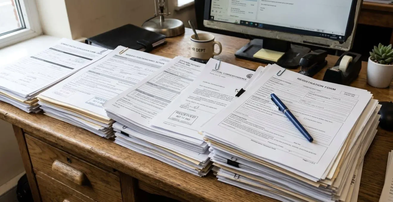 Documents administratifs et formulaires empilés sur un bureau avec un stylo