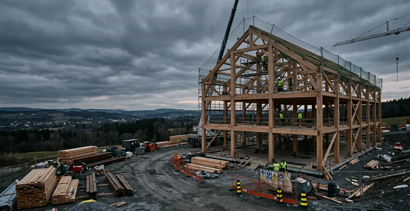 Chantier de construction avec structure en bois en cours d'assemblage sous un ciel nuageux