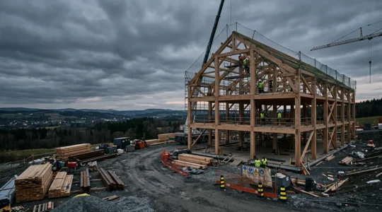 Chantier de construction avec structure en bois en cours d'assemblage sous un ciel nuageux