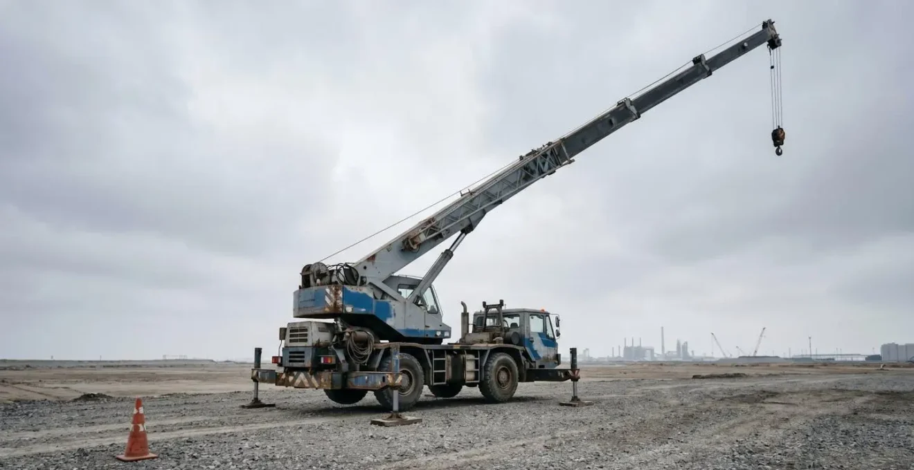 Engin de chantier avec bras de grue illustrant la distinction entre fonction outil et fonction déplacement