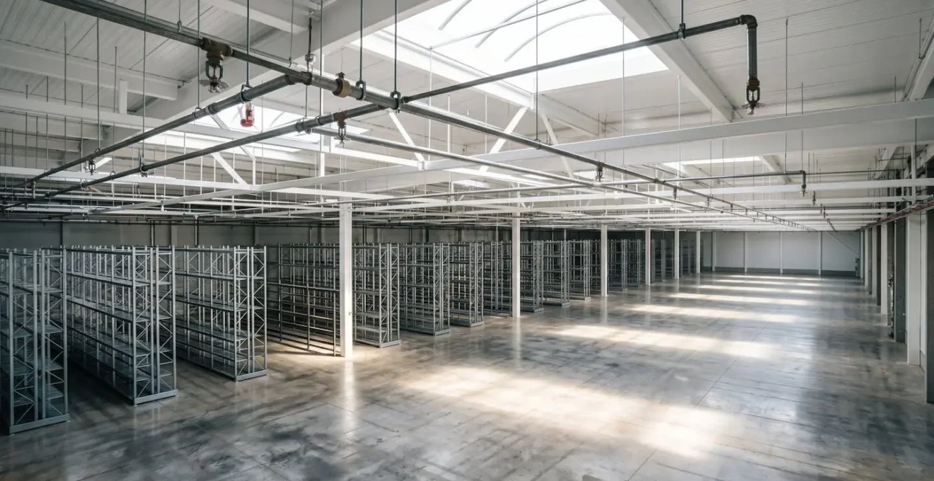 Vue large et minimaliste d'un entrepôt industriel moderne avec système de sécurité incendie visible en plafond