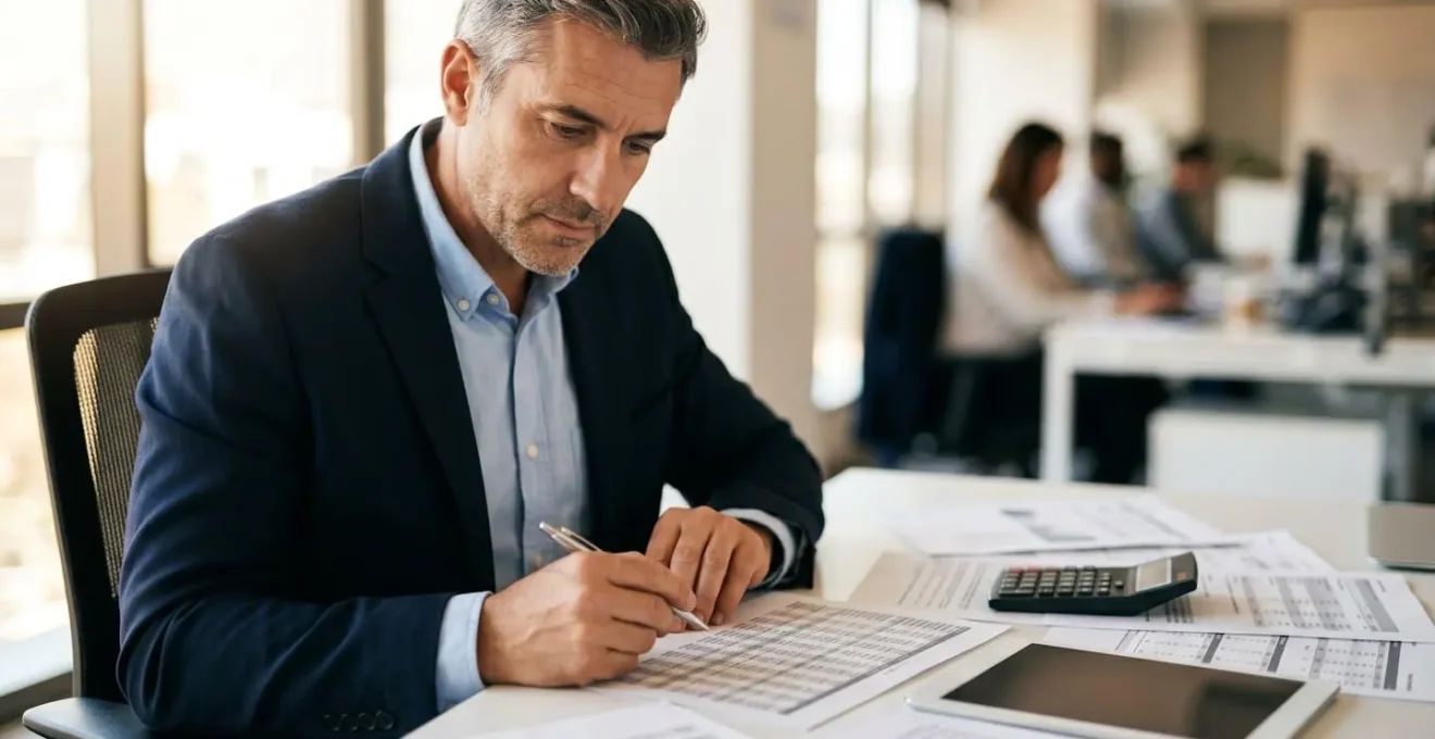 Expert en costume analysant des graphiques financiers et des documents comptables sur une table de travail, symbolisant l'évaluation professionnelle du préjudice