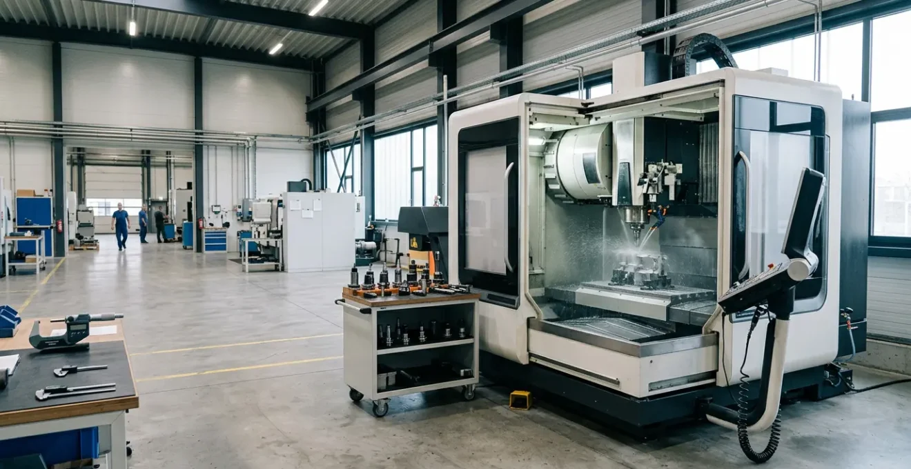 Centre d'usinage à commande numérique en atelier industriel avec opérateur technique