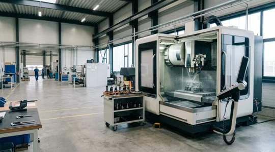 Centre d'usinage à commande numérique en atelier industriel avec opérateur technique