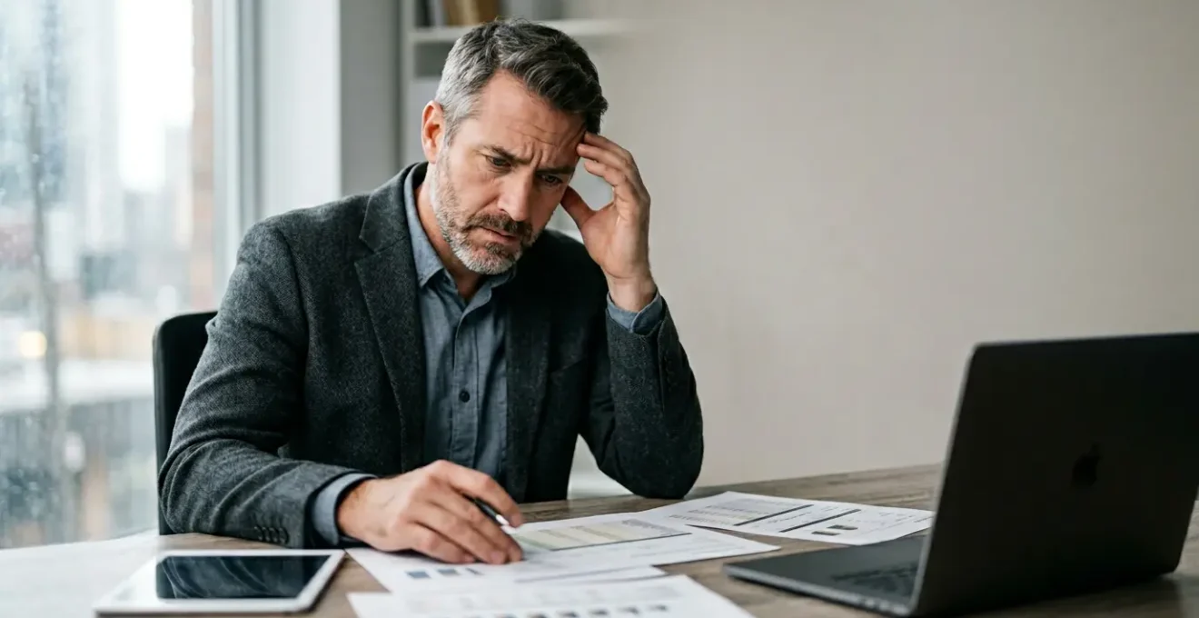 Dirigeant face à des documents financiers dans un contexte de crise d'entreprise