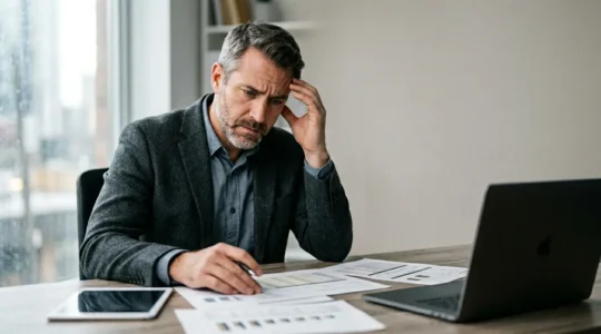 Dirigeant face à des documents financiers dans un contexte de crise d'entreprise