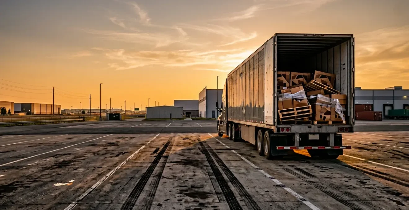 Scène dramatique illustrant un incident de transport routier avec marchandises endommagées suite à un freinage d'urgence