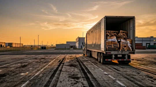Scène dramatique illustrant un incident de transport routier avec marchandises endommagées suite à un freinage d'urgence