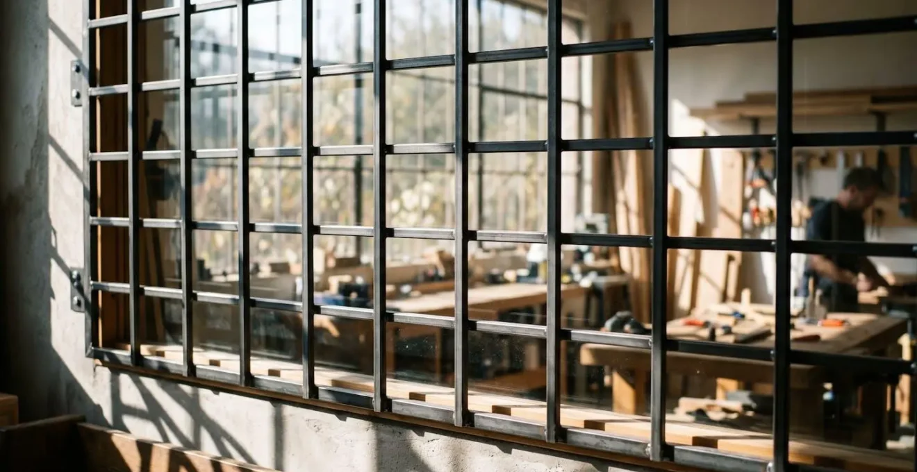Grille de défense installée sur la fenêtre arrière d'un fourgon professionnel pour sécuriser le matériel