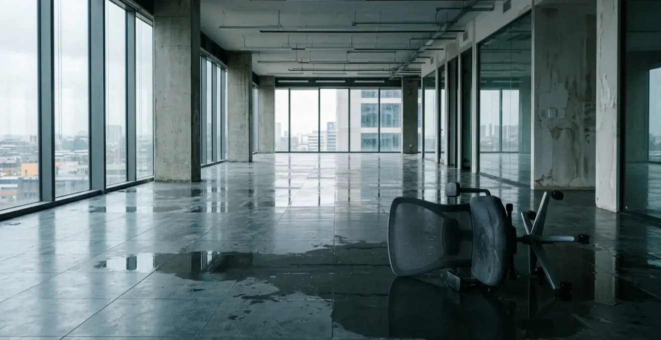 Bureau professionnel inondé avec niveau d'eau et dossiers de sinistre