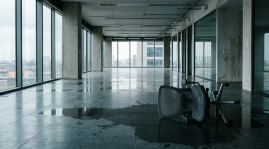 Bureau professionnel inondé avec niveau d'eau et dossiers de sinistre