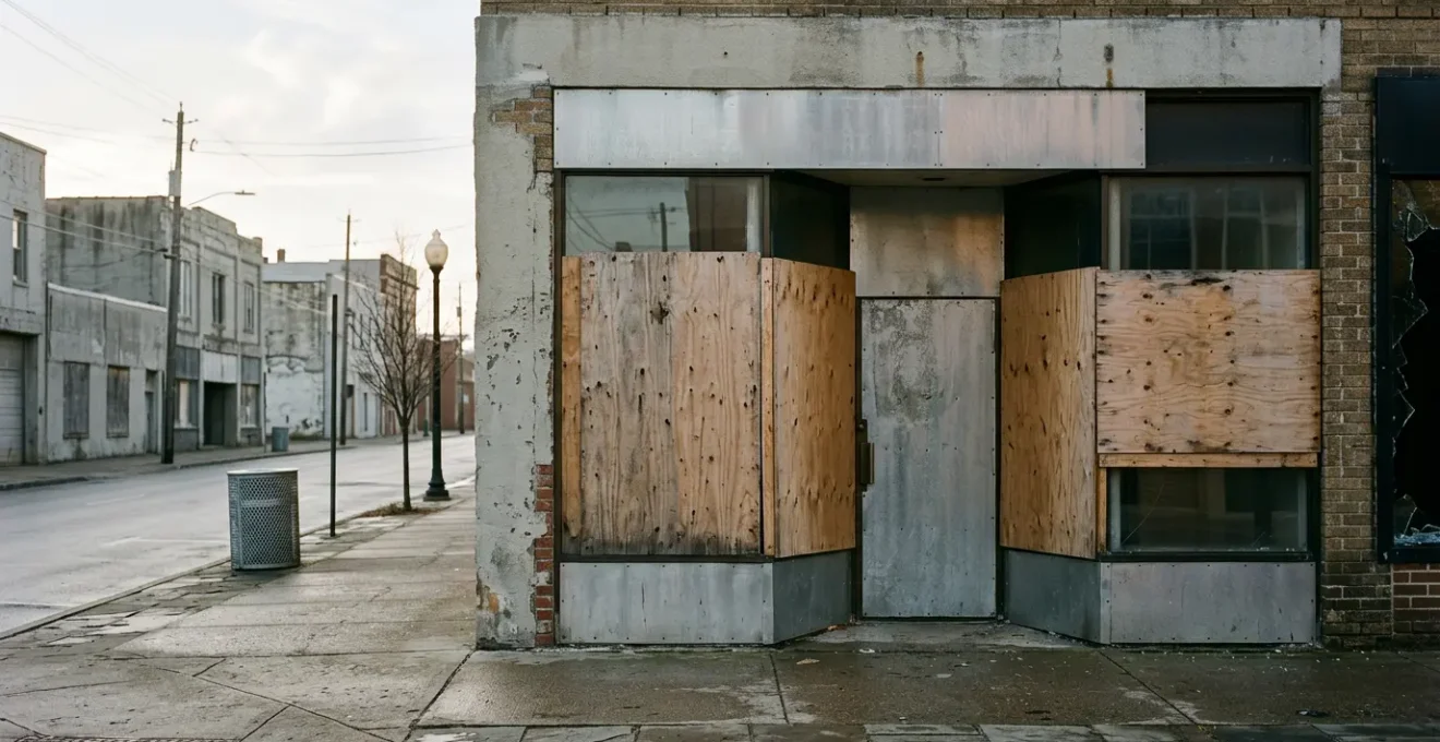 Vitrine de commerce endommagée après une manifestation avec protection provisoire
