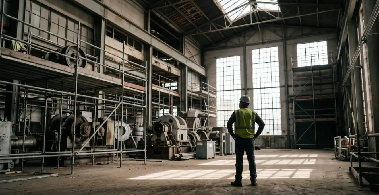 Chef d'entreprise industrielle inspectant son usine en cours de reconstruction après un sinistre