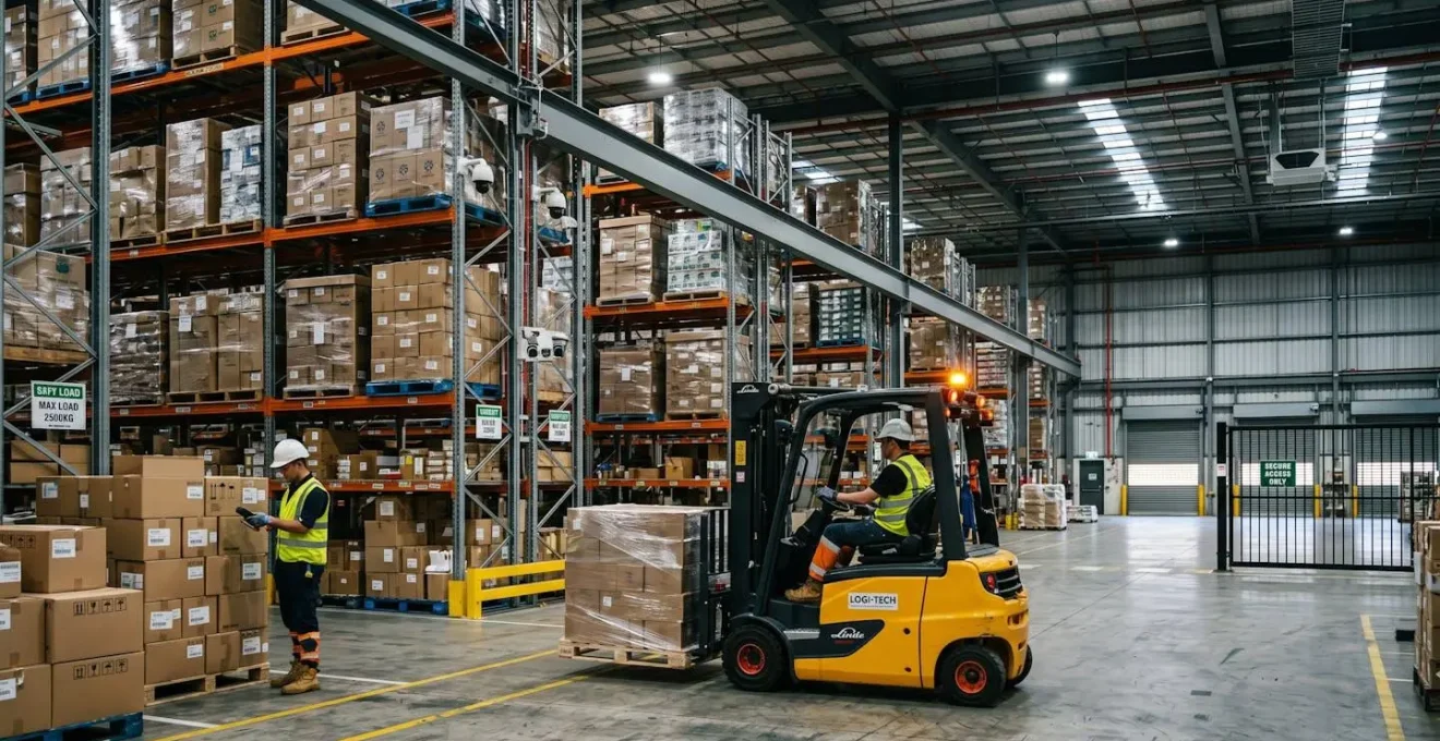 Intérieur d'entrepôt logistique avec équipements de manutention, ambiance industrielle sécurisée