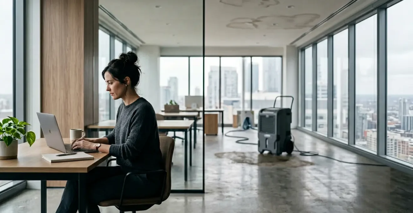 Scène professionnelle montrant la continuité d'activité malgré un sinistre dans un espace de bureau