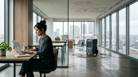 Scène professionnelle montrant la continuité d'activité malgré un sinistre dans un espace de bureau