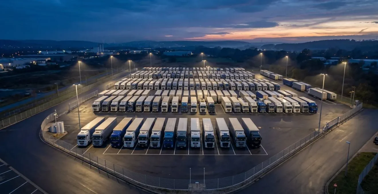 Vue panoramique d'un parking sécurisé pour poids lourds avec système de surveillance et éclairage nocturne